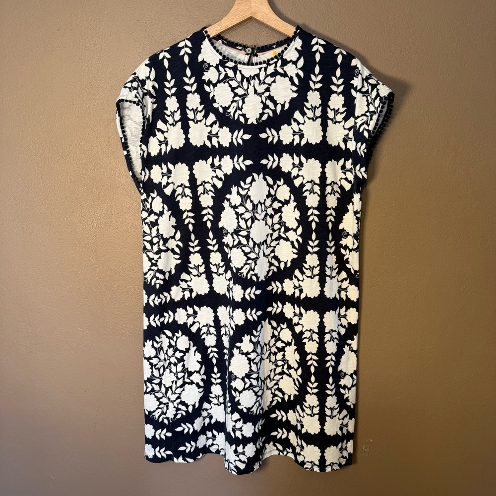 Boden Navy & White Geometric Floral Dress with Tiny Pom Pom Trim Women's Size 12